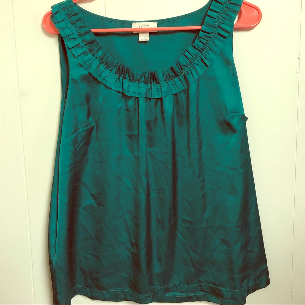 Ann Taylor Loft Petite Teal Silk Ruffled Shell